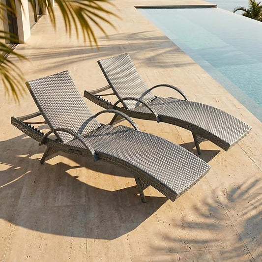 OVENTA Outdoor Wicker Patio Chaise Lounge Chair Set of 2, Gray Rattan Pool Furniture Lounger for Outside Poolside Lounges, Jumbo Co Chaise Lounge Chairs, Wicker Patio Pool Furniture