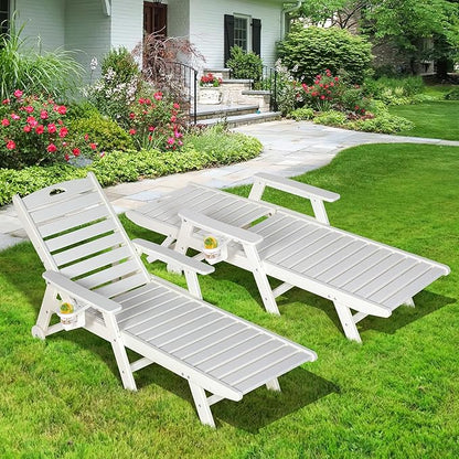 nalone Outdoor Chaise Lounge Chair Set of 2 with Wheels & Cup Holder, HDPE Pool Lounge Chairs with 5-Position Adjustable Backrest Supports Up to 400 LBS for Patio Poolside Deck Beach Backyard (White)