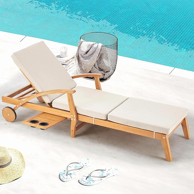 HOMREST Wood Outdoor Chaise Lounge Chair, 83x23in Patio Lounge Recliner with Adjustable Backrest, Cushioned Seat, Wheels, Slide-Out Side Table & Cup Holder,Khaki