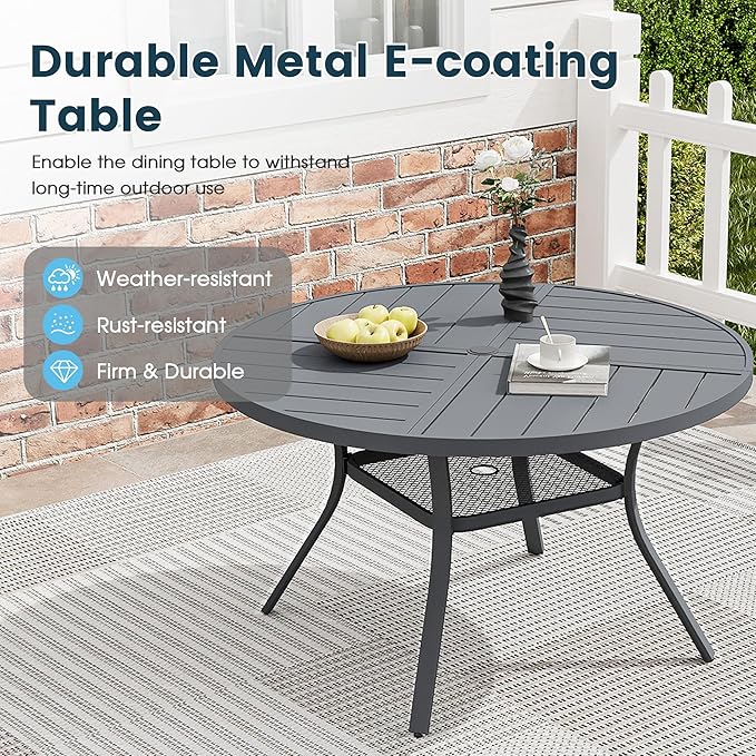 Patio Dining Table for 4, Round Metal Outdoor Table with Storage Shelf, 1.57" Umbrella Hole, 41" Outdoor Quartered Tabletop Dining Table for Backyard, Porch, Lawn, Dark Grey