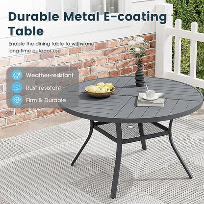 Patio Dining Table for 4, Round Metal Outdoor Table with Storage Shelf, 1.57" Umbrella Hole, 41" Outdoor Quartered Tabletop Dining Table for Backyard, Porch, Lawn, Dark Grey