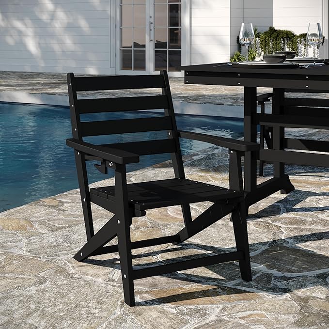Flash Furniture Tolleson Adirondack Dining Chair with Cup Holder, Commercial Weather Resistant Recycled HDPE Adirondack Chair, Fold Out Cupholder, Black
