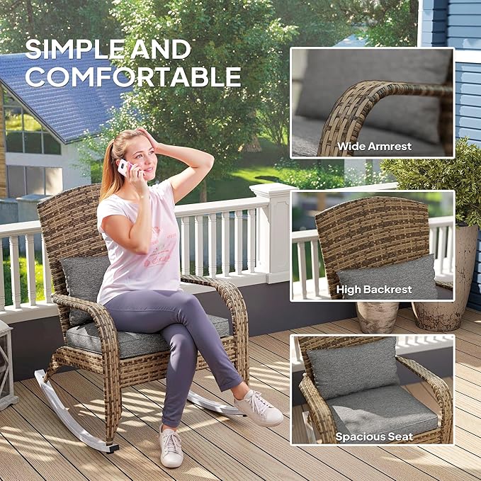 Outsunny Outdoor Wicker Adirondack Rocking Chair, Patio Rattan Rocker Chair with High Back, Seat Cushion, and Pillow for Garden, Porch, Balcony, Gray