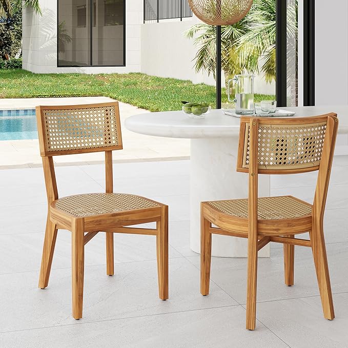 Christopher Knight Home Neeko Acacia Wood Patio Dining Chairs Set of 2, Wooden Outdoor Kitchen Side Chair, Wicker Garden Chair Set for Dining Table, Patio Furniture Extra Seat, Light Brown + Teak
