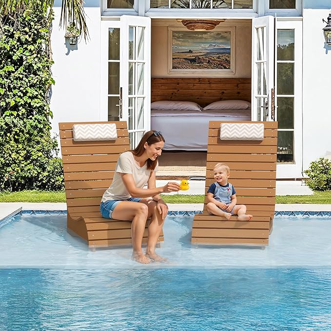 HDPS Pool Lounge Chairs Set of 2, Use in Pools Lounge Chairs up to 10-Inches of Water, Chaise Chairs with Headrest, Lounge Chair Outdoor, Fade-Resistant Pool Lounger for Deck