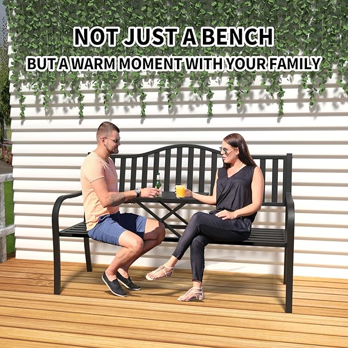 YLGJ&TIDY 50 Inches Patio Bench Outdoor Metal Bench with Stripe Pattern Backrest Armrest Rust-Resistant Pull-Out Table Outdoor Porch Benches for Garden Park Lawn Yard Front Porch (BENCH04 2PK)