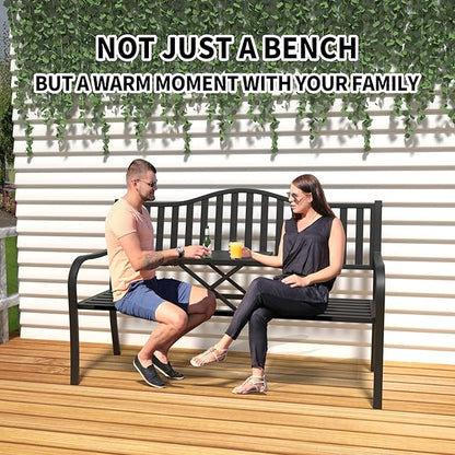 YLGJ&TIDY 50 Inches Patio Bench Outdoor Metal Bench with Stripe Pattern Backrest Armrest Rust-Resistant Pull-Out Table Outdoor Porch Benches for Garden Park Lawn Yard Front Porch (BENCH04 2PK)