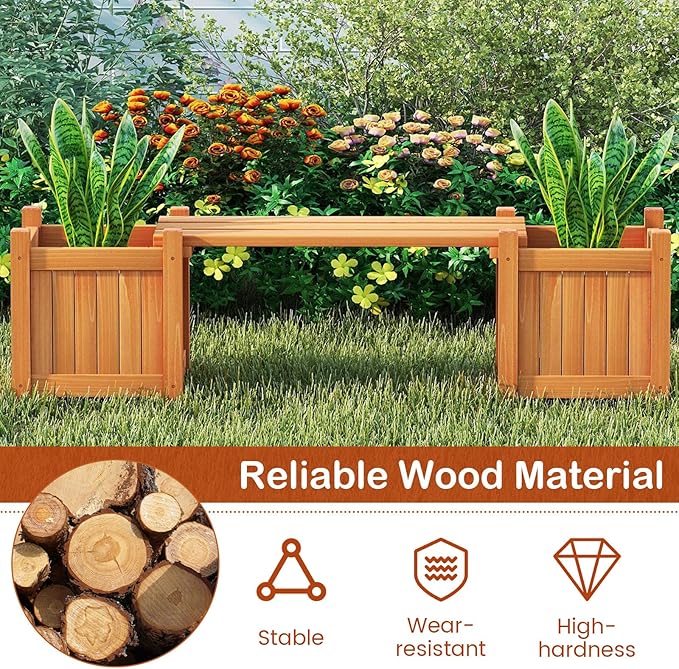 S AFSTAR Outdoor Planter Bench, Wooden Planter Box with Bench, Small Raised Plant Container Garden Boxes for Patio, Yard, Deck & Balcony