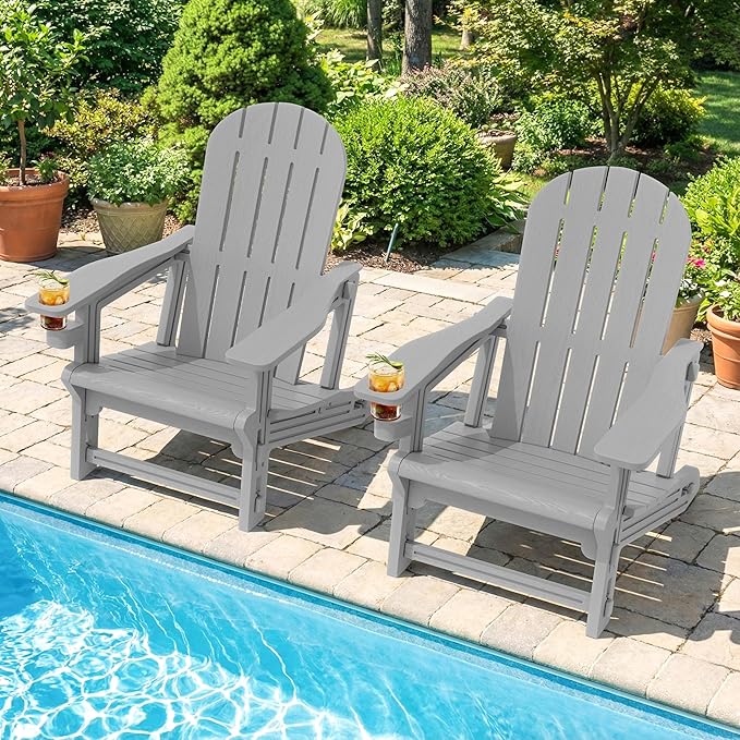 Shintenchi Adirondack Chairs Set of 2,HDPE Adirondack Chairs w/Removable Tablelop & Umbrella Hole,All-Weather Wooden Textured Plastic Outdoor Chairs w/Cup Holders for Garden Backyard Pool,Light Gray