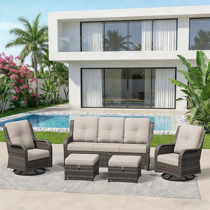 5 Piece Outdoor Wicker Patio Furniture Set, Outdoor Swivel Rocker Patio Chairs Set with Thickened Olefin Cushions - Photo 9