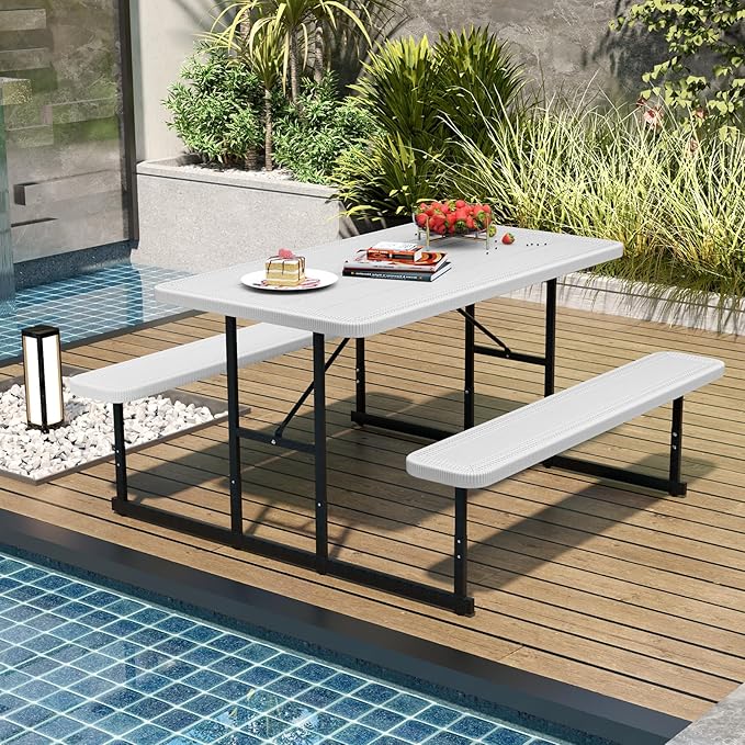 Giantex Picnic Table Bench Set for 4 People, 4.5FT Outdoor Rectangular Dining Table & 2 Benches w/Umbrella Hole - Photo 3