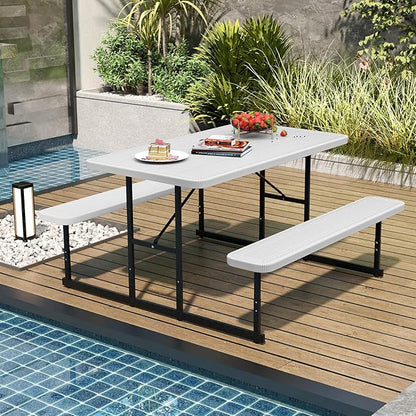 Giantex Picnic Table Bench Set for 4 People, 4.5FT Outdoor Rectangular Dining Table & 2 Benches w/Umbrella Hole, HDPE Tabletop, Metal Frame, Patio Garden Backyard Poolside (4.5FT,Non-Foldable,White)