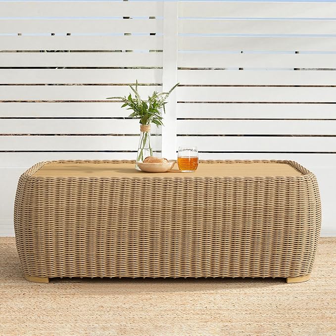 CHITA Wicker Patio Coffee Table, 41” All-Weather Rattan Outdoor Coffee Table with Wood-Grain Metal Top - Photo 1