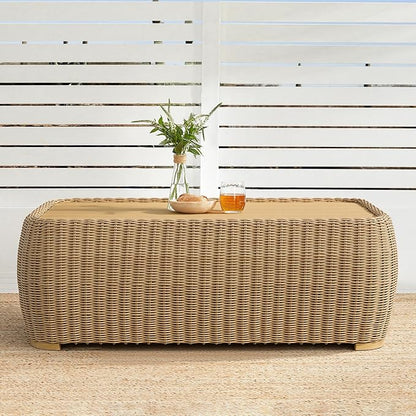 CHITA Wicker Patio Coffee Table, 41” All-Weather Rattan Outdoor Coffee Table with Wood-Grain Metal Top, Waterproof for Porch Backyard, Fully Assembled, Light Brown