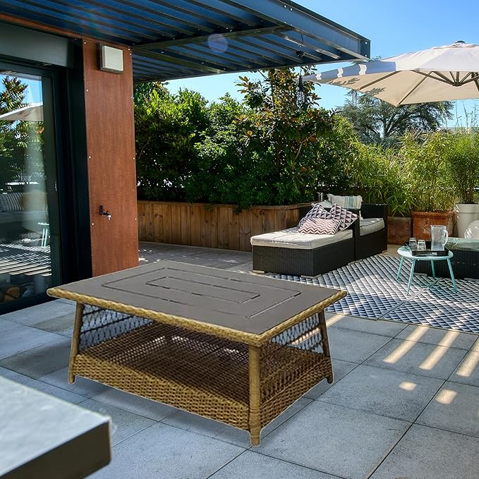 Four Seasons Courtyard Positano 40" x 26" Rectangular All-Weather Outdoor Open Weave Wicker Coffee Table with Decorative Top and Bottom Shelf, Brown