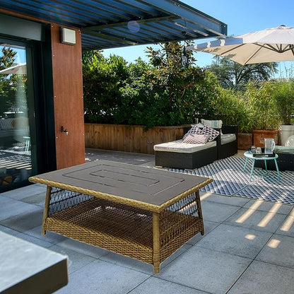 Four Seasons Courtyard Positano 40" x 26" Rectangular All-Weather Outdoor Open Weave Wicker Coffee Table with Decorative Top and Bottom Shelf, Brown