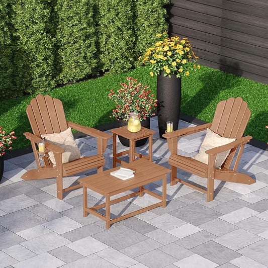 Costaelm 4-Piece Set Outdoor/Patio Poly Adirondack Chairs with a Coffee and a Side Table (2 Seater), Teak
