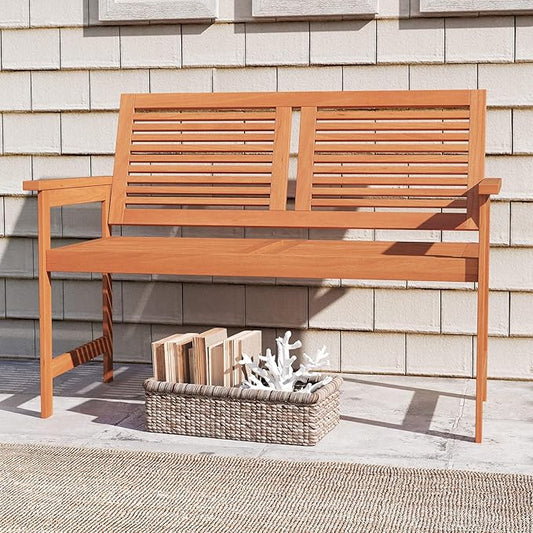 Tangkula Outdoor Wood Bench, 2-Person Heavy Duty Patio Loveseat Chair with Slatted Backrest and Seat, Outisde Wooden Bench for Front Porch, Lawn, Park and Backyard