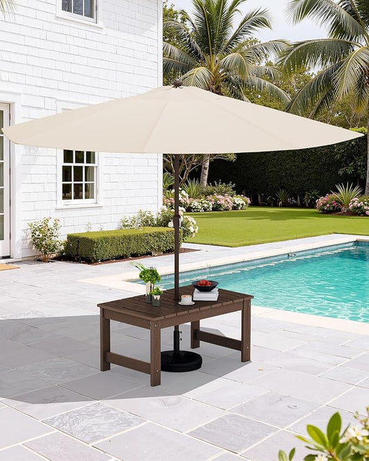 SERWALL Outdoor Coffee Table with 9FT Umbrella, HDPE Patio Coffee Table for Outside, Rectangle, Coffee(Not Include Umbrella Base)