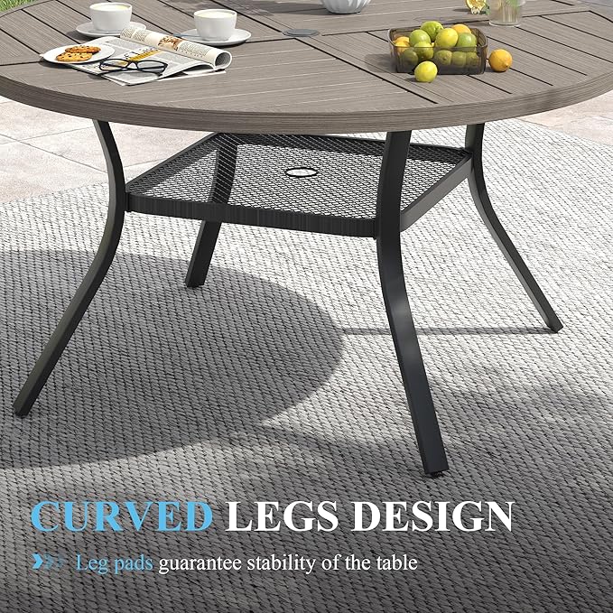 VICLLAX 47.2" Round Patio Table with Umbrella Hole, All Weather Metal Outdoor Dining Table for 6, Outside Table with Storage Shelf for Lawn Garden, Grey Wood-Grain Finish