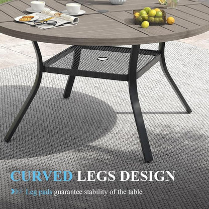 VICLLAX 47.2" Round Patio Table with Umbrella Hole, All Weather Metal Outdoor Dining Table for 6, Outside Table with Storage Shelf for Lawn Garden, Grey Wood-Grain Finish