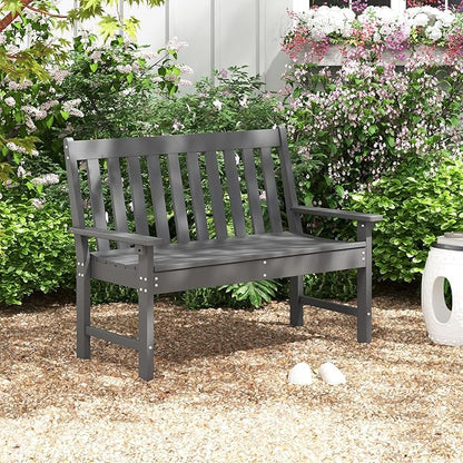 RELAX4LIFE 2-Person Patio Outdoor Bench - 52’’ All-Weather HDPE Garden Bench with Armrests & Slatted Backrest, Patio Bench for Front Porch Park Poolside Backyard, 705 LBS Weight Capacity (Grey)
