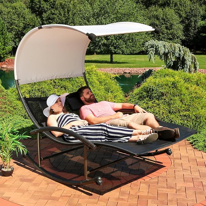 Sunnydaze Outdoor Double Chaise Rocking Lounge Chair with Canopy and Headrest Pillows - Black and White with - Photo 6