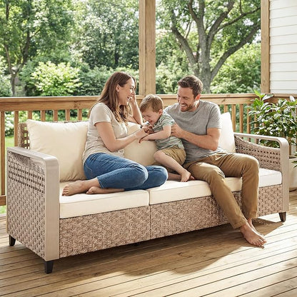 Outsunny Outdoor Patio Couch with Wide and Deep Seat, 3 Seater Wicker Outdoor Sofa with Wide Metal Armrests, Patio Furniture Couch with Cushions for Porch, Garden, Backyard, Beige | Removable Covers