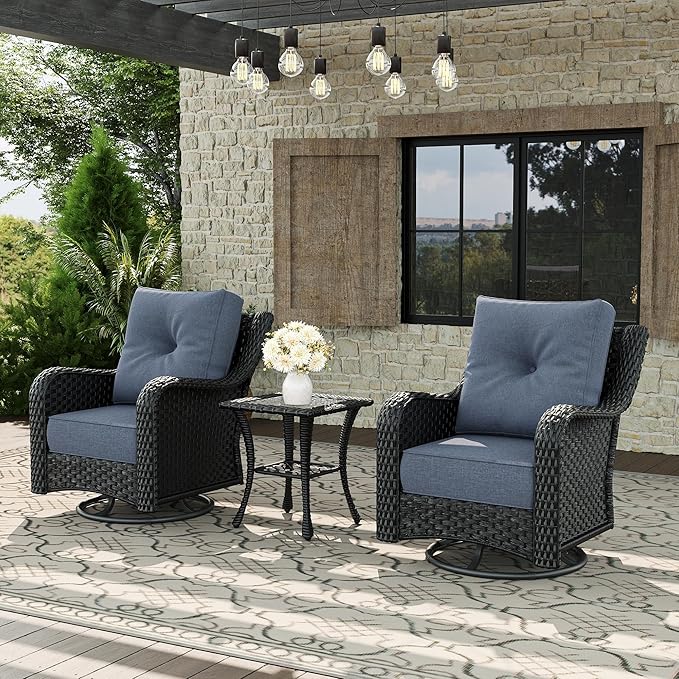 3 Piece Patio Furniture Set, All-Weather Wicker Outdoor Conversation Set with Swivel Rocking Chair and 6 Inch Thick - Photo 1