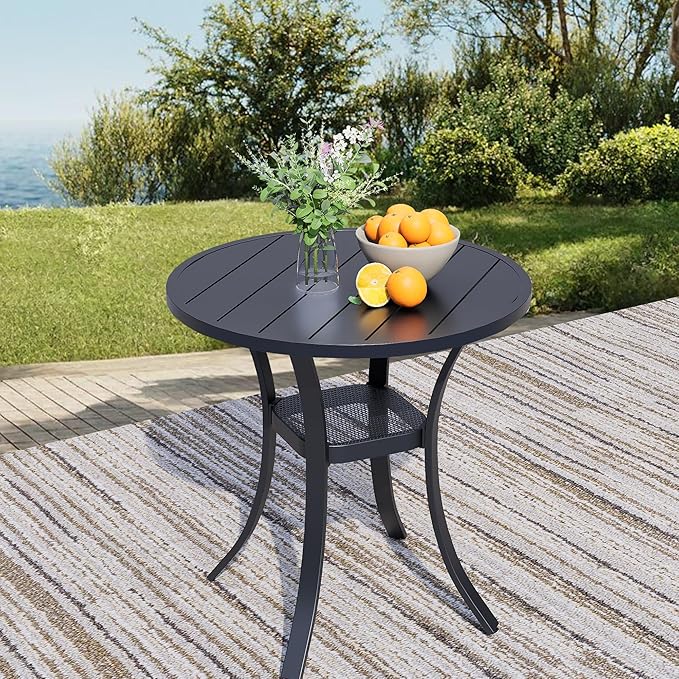27.5'' Outdoor Patio Table with Storage Shelf, Heavy Duty 400lbs Capacity Round Metal Garden Table, All-Weather Black Tabletop for Deck, Balcony, Bistro, 2-4 Person