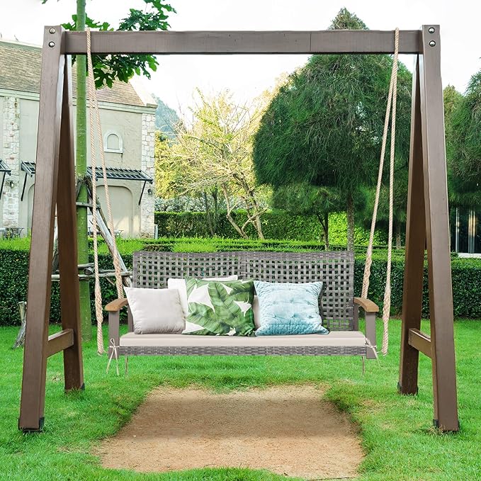 RELAX4LIFE 2-Seater Outdoor Porch Swing - Patio PE Rattan Hanging Swing Bench with Seat Cushion and Strong Hanging Ropes - Photo 9