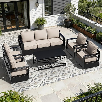 Outdoor Aluminum Furniture Set, 5-Piece Patio Conversation Set, 4 Swivel Chairs, 1 Sofa and 1 Table, All-Weather Metal Frame, 6" Thick Removable Cushions, Deep Setting for Garden, Porch