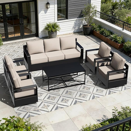 Outdoor Aluminum Furniture Set, 5-Piece Patio Conversation Set, 4 Swivel Chairs, 1 Sofa and 1 Table, All-Weather Metal Frame, 6" Thick Removable Cushions, Deep Setting for Garden, Porch