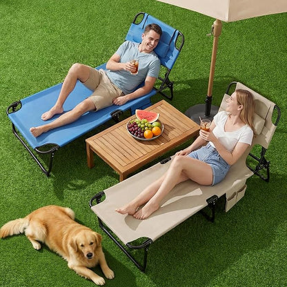 3-in-1 Sun Tanning Chair with Face Holes, Folding Chaise Lounge Chairs, 5-Position Adjustable Lounge Chair Outdoor with 2 Side Pocket & Pillow, for Pool Beach, Patio, Camping, Blue