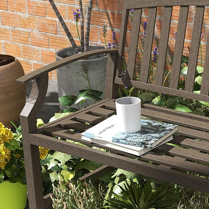 46" Outdoor Garden Bench, Metal Bench, Wood Look Slatted Frame Furniture for Patio, Park, Porch, Lawn, Yard, Deck, Brown