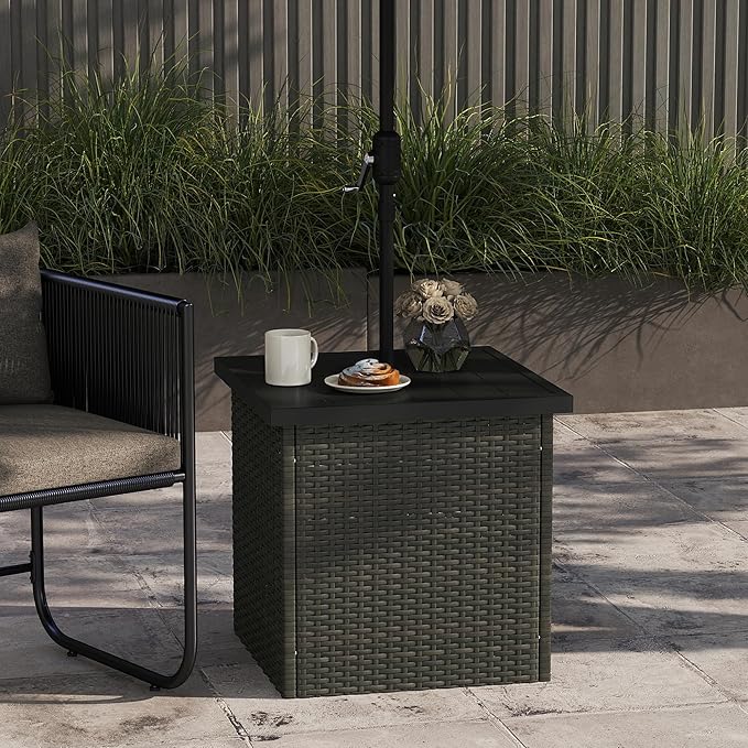 Outsunny All Weather Wicker Side Table with 1.5" Umbrella Hole, Square PE Rattan Outdoor End Table with Umbrella Base, UV-Resistant Frame, Storage Space for Patio, Garden, Poolside, Deck, Mixed-Brown