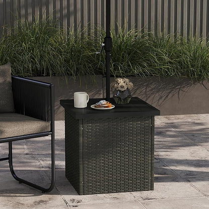 Outsunny All Weather Wicker Side Table with 1.5" Umbrella Hole, Square PE Rattan Outdoor End Table with Umbrella Base, UV-Resistant Frame, Storage Space for Patio, Garden, Poolside, Deck, Mixed-Brown