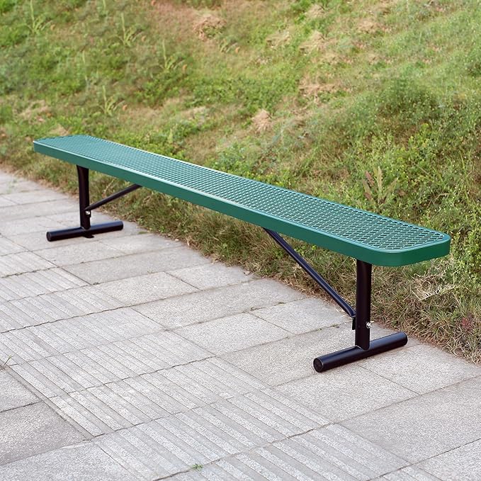 8 Ft Metal Park Benches for Outside, Outdoor Backless Bench with Thermoplastic Coating, Portable Frame, Commercial Expanded Metal Mesh Bench for Shopping Mall, Store, Park, Patio, Deck, Green
