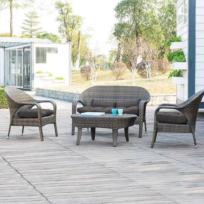 QILLOWAY Outdoor Patio Wicker Seat Cushions Group Loveseat/Two U-Shape/Two Lumbar Pillows for Patio Furniture,Wicker Loveseat,Bench,Porch,All Weather, Settee of 5 (Dark Grey)