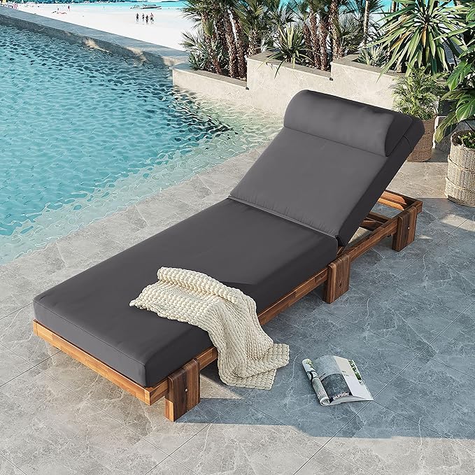 78.8'' Outdoor Patio Chaise Lounge Chair, Acacia Wood Adjustable Recliner with Headrest, Perfect for Terrace, Poolside - Photo 3