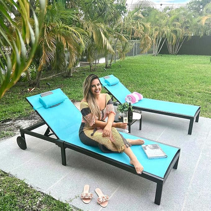 PURPLE LEAF Outdoor Tanning Lounge Chair Set with Face Hole Adjustable Reclining Chairs for Poolside Beach Wheels Pillows and Table Patio Aluminum Sunbathing Lounger Blue