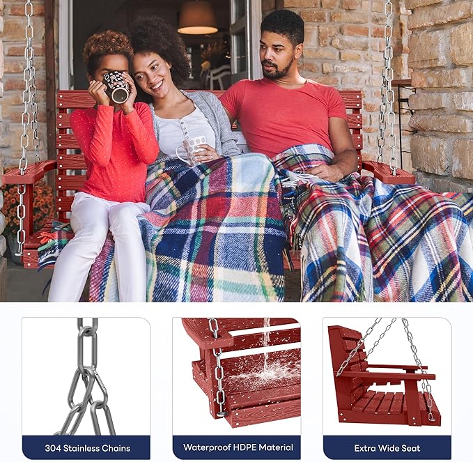 KINGYES Outdoor Hanging Patio Swing Set of 2, 2 Seat Swing Chair with Cup Holders - Photo 4