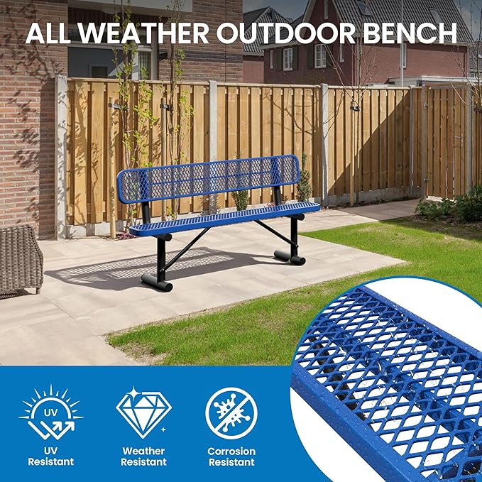 6 Feet Steel Park Bench for Outside, Outdoor Bench with Backrest & Portable Frame, Commercial Benches for Shopping Malls, Stores, Parks, Patios, Decks, Dark Blue