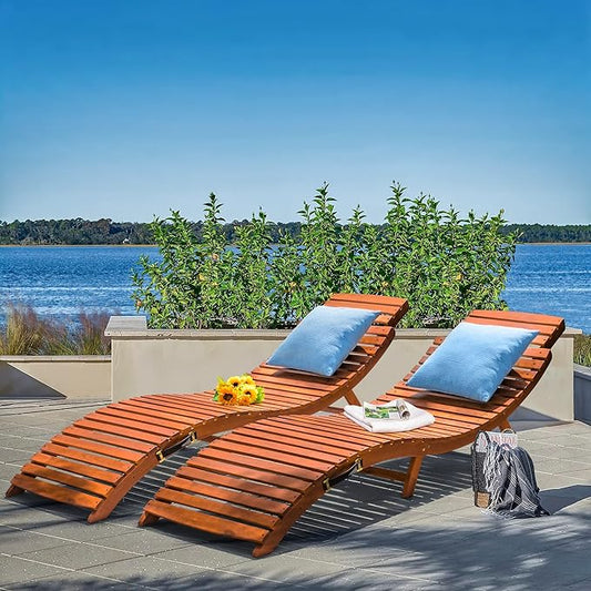 Greesum Wood Folding Chaise Lounge Chair, Weatherproof Extended Sun Lounger with Adjustable Headrest for Patio, Balcony Poolside Garden, Set of 2, Wooden