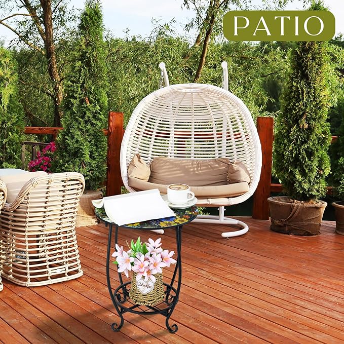 Outdoor Side Table Round Small Mosaic Patio Accent Indoor End Plant Coffee Tea Table for Yard Patio Porch Garden Living - Photo 4