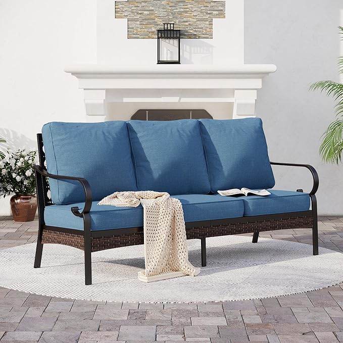 Metal Patio Sofa with 5.75" Extra Thick Cushion, 3-Seater Deep Seating & High-Back Black Frame Outdoor Couch All Weather Outdoor Seating Furniture for Deck Porch, Denim Blue