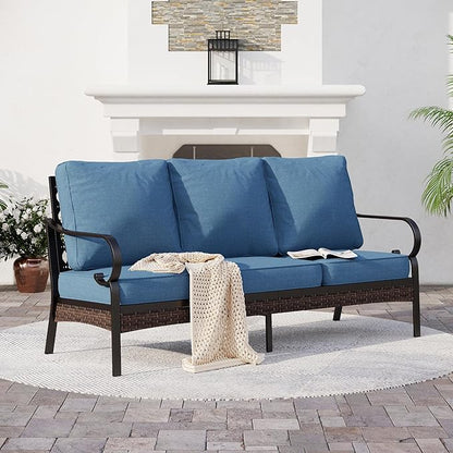 Metal Patio Sofa with 5.75" Extra Thick Cushion, 3-Seater Deep Seating & High-Back Black Frame Outdoor Couch All Weather Outdoor Seating Furniture for Deck Porch, Denim Blue