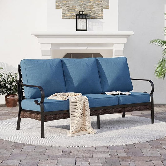 Metal Patio Sofa with 5.75" Extra Thick Cushion, 3-Seater Deep Seating & High-Back Black Frame Outdoor Couch All Weather Outdoor Seating Furniture for Deck Porch, Denim Blue