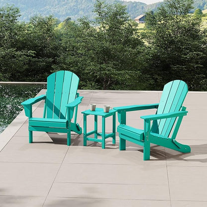 WestinTrends Malibu 3-Pieces Adirondack Chairs Set with Side Table, All Weather Outdoor Seating Plastic Patio Lawn Chair Folding for Outside Porch Deck Backyard, Turquoise