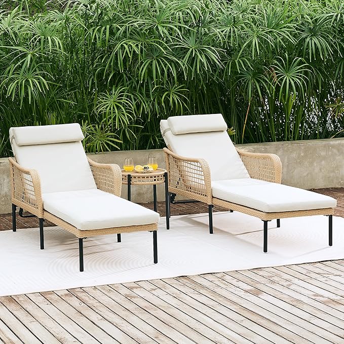 NATURAL EXPRESSIONS Aluminum Outdoor Chaise Lounge Chairs, Wicker Patio Lounge Chair Set of 2 with Side Table, 5-Position Recliner with Headrest Cushion for Yard, Pool (Beige)